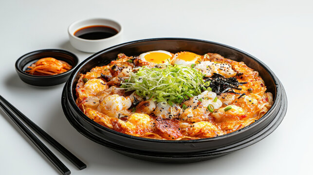 Delicious Korean haemul paj with shrimp, eggs, and green onions served in black bowl, accompanied by kimchi and dipping sauce