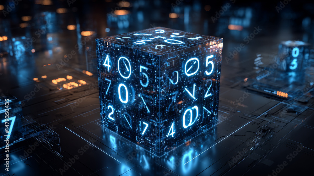 Poster digital background. cube or box consists matrix of digits. block chain of abstract finance data, bus