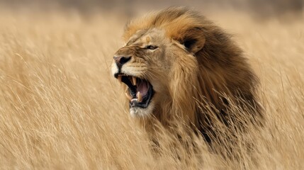 Majestic lion roaring amidst tall golden grasses.