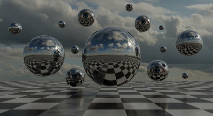 Spheres with Eyes on Checkered Floor
