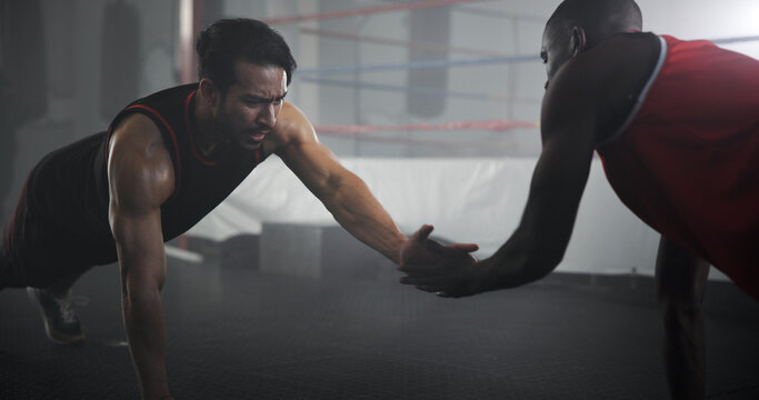 Fitness, people or exercise pushup at gym for boxing workout, strength training or endurance challenge. Sports, coach or boxer with teamwork for core stability, match preparation or support with clap