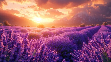 Fototapeta premium Lavender field at sunset with mountains (1)