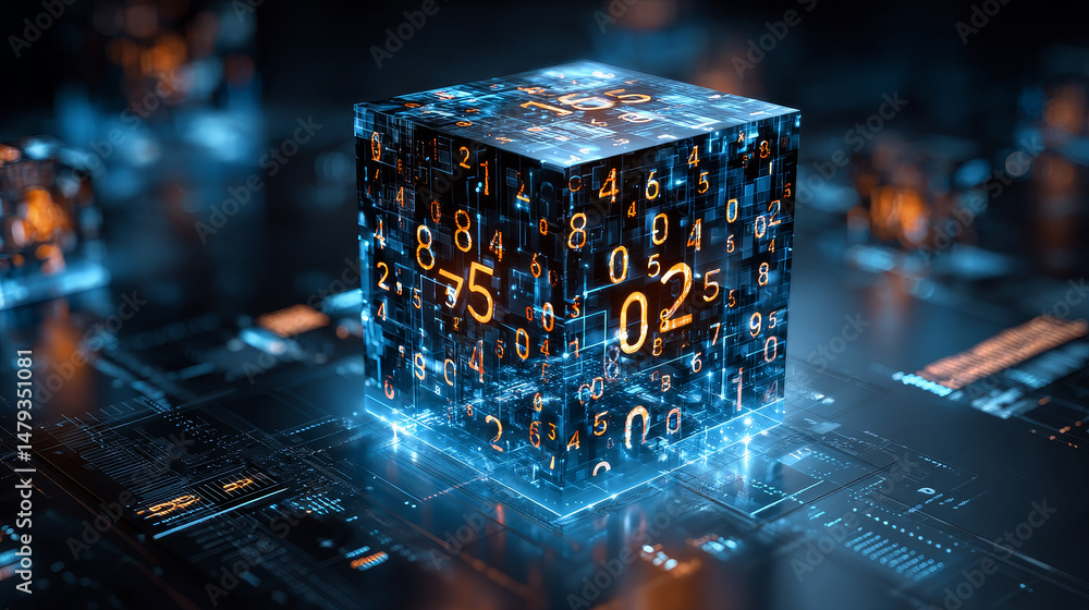 Poster digital background. cube or box consists matrix of digits. block chain of abstract finance data, bus
