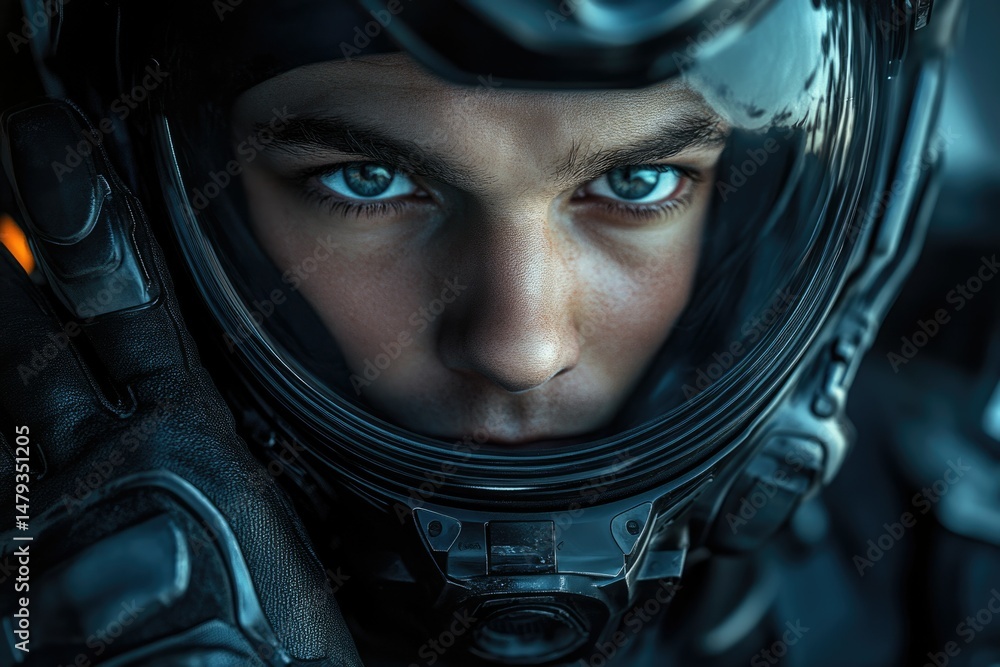 Poster close-up portrait of an astronaut's determined face, peering intently from inside their helmet.