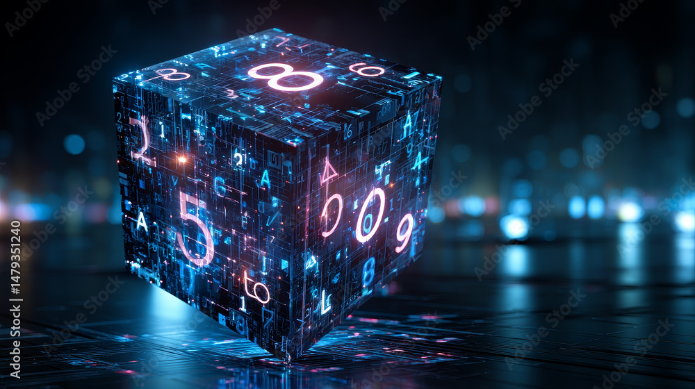 Poster digital background. cube or box consists matrix of digits. block chain of abstract finance data, bus