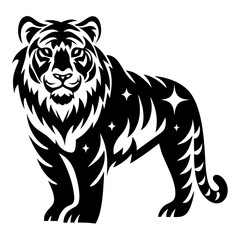 Majestic Black and White Celestial Tiger Illustration Powerful Wildcat Design
