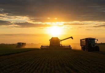 Fototapeta premium Combine harvester and tractors working in the field during a vibrant sunset
