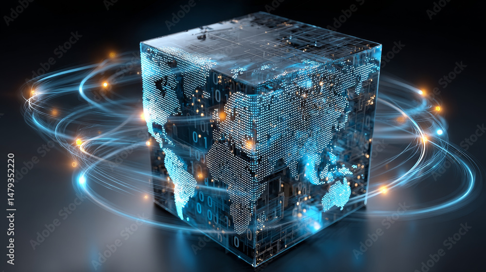 Fototapete Digital technology conceptual banner. Cube or block consists matrix of digits. Block chain of abstract data communication with world map through internet. Cloud computing, networking, shared access.
