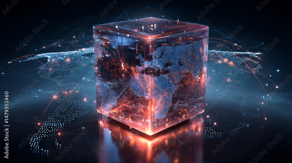 Fototapete Digital technology conceptual banner. Cube or block consists matrix of digits. Block chain of abstract data communication with world map through internet. Cloud computing, networking, shared access.