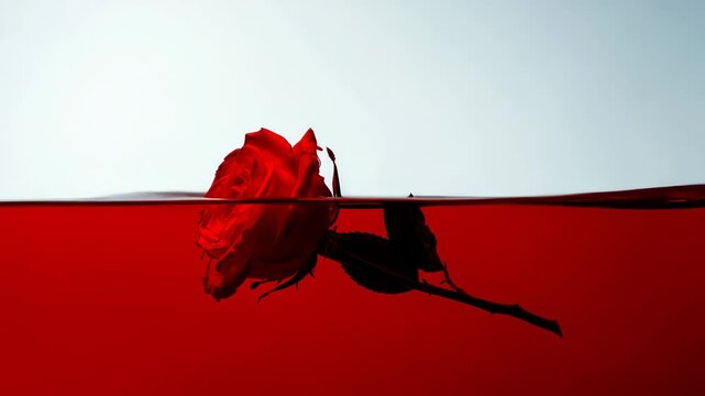 Dramatic submersion of white rose in red liquid with stunning contrast
