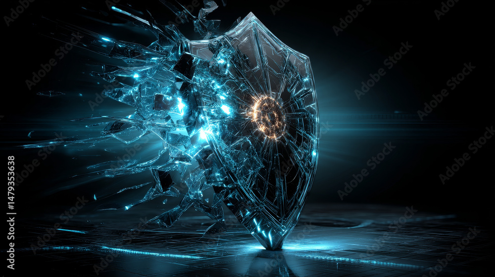 Poster icon of the digital shield broken. symbol digital cyber security crack hacking. web crime or virus a