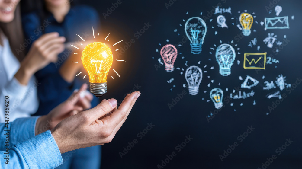 Poster creative idea concept with glowing light bulb in hands, symbolizing innovation and brainstorming in 