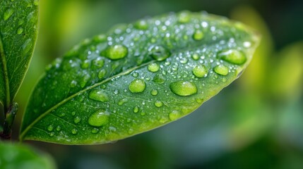 Fresh green leaf with glistening water droplets, a symbol of nature's delicate beauty
