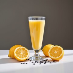 Fototapeta premium Refreshing citrus juice served in a tall glass with whole and sliced lemons arranged on a white surface, black seeds scattered around, minimalistic background