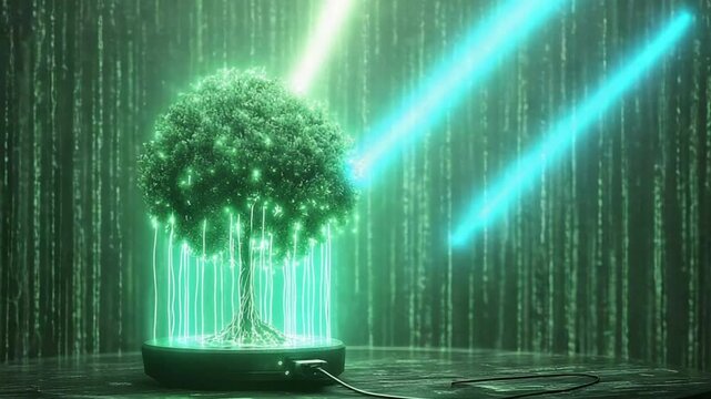 conceptual plug-in hybrid charging station designed as a tree glowing with renewable energy streams Stock Photo with side copy space