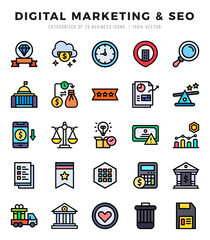 Digital Marketing & SEO Icons Pack. Lineal Color icons set. Lineal Color icon collection set.