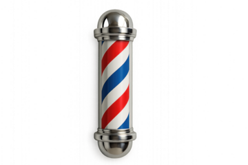 Barber pole wall light featuring red, white, and blue stripes with metallic accents. Isolated on transparent background.