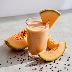 Refreshing creamy melon smoothie in glass with fresh melon slices and chocolate chips on light background perfect for healthy drinks and summer beverages