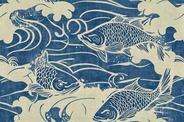 calm Ukrainian waves and fish in embroidery style, dusty blue on linen background, seamless textile pattern