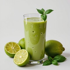 Refreshing green smoothie drink made with fresh lime and basil leaves served in a tall glass surrounded by whole and sliced limes and fresh basil on a neutral background