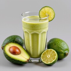 Refreshing green smoothie with avocado lime and lime slices in a tall glass on a white background healthy drink breakfast or snack option with fresh ingredients