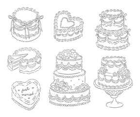 Collection of Hand drawn Wedding, Anniversary cakes with floral and ribbon decoration vector illustration