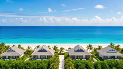 Fototapeta premium Luxury beachfront villas with palm trees overlook a turquoise ocean under a blue sky, creating a serene tropical paradise.