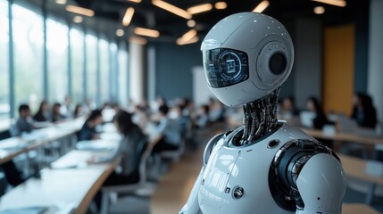 A futuristic AI classroom where students learn from an advanced robot instructor