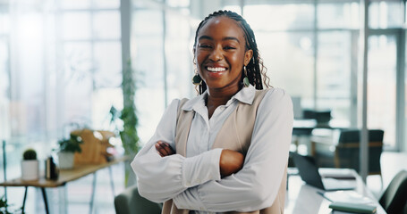 Portrait, business and black woman in office, arms crossed or smile with financial advisor,...
