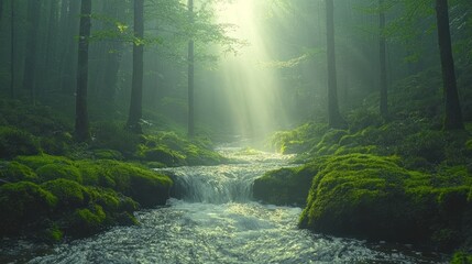 Fototapeta premium Misty forest stream, sunlight streams