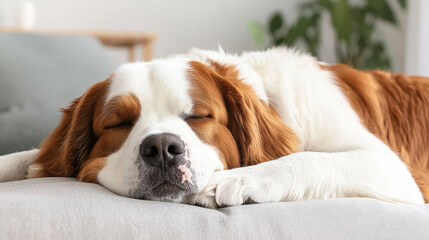Adorable Saint Bernard dog sleeping peacefully on cozy couch, showcasing its fluffy fur and relaxed demeanor