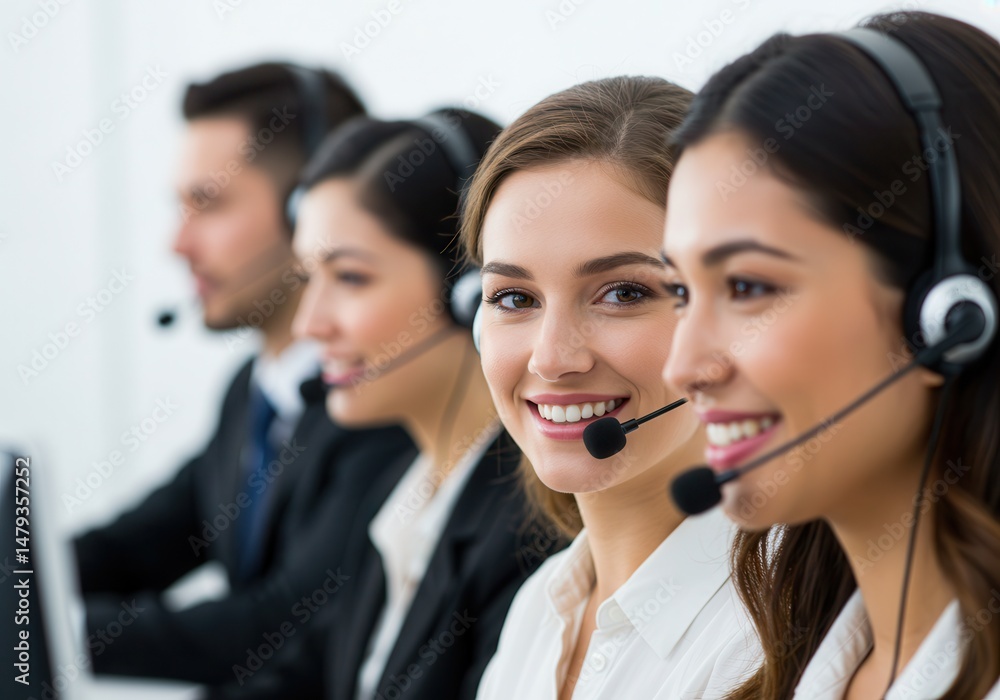 Poster a group of call center operators are smiling and wearing headsets at their desks