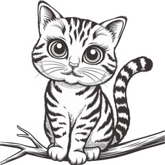 Adorable black and white illustration of a wide-eyed kitten sitting on a tree branch. 