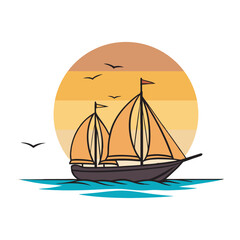 Peaceful unset sailing landscape illustration