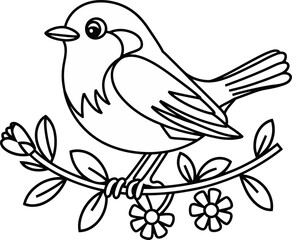 Cute cartoon bird illustration sitting on a flowering branch. Black and white vector style, perfect for coloring books, spring-themed designs, children's illustrations, 