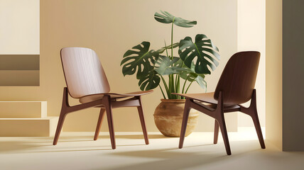Stylish wooden chairs complement a modern interior design setup featuring a potted monstera plant, soft lighting, and minimalist aesthetics, creating a tranquil and elegant seating arrangement.