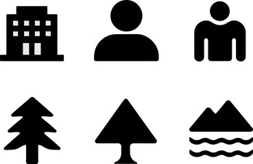 Set of six minimalist black vector icons on white background, including a building, two different person silhouettes, two tree designs, and a mountain with water waves symbol. Perfect for use in UI/UX