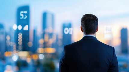 Fototapeta premium Businessman in suit stands looking at futuristic city skyline with digital data overlays, reflecting ambition and innovation