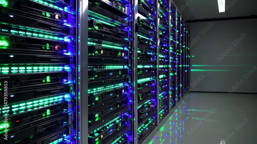 Poster technological data center corridor displaying illuminated server racks with green and blue blinking 