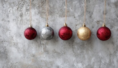 Festive Christmas ornaments hang against a rustic wall.