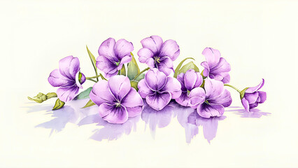 Obraz premium A delicate watercolor illustration depicting vibrant purple flowers with green leaves, set against a clean white backdrop, evoking a sense of beauty, peace, and nature's charm.