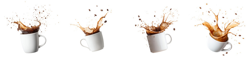 Dynamic splash of coffee in multiple white mugs, showcasing rich texture and robust color, ideal...