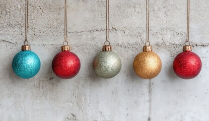 Colorful ornaments hanging on a rustic wall.