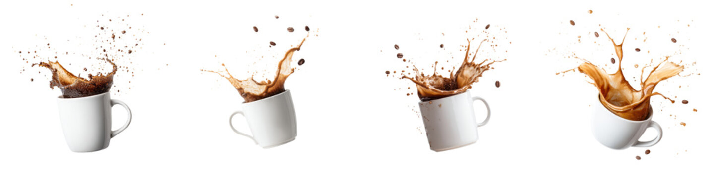 Dynamic splash of coffee in multiple white mugs, showcasing rich texture and robust color, ideal for showcasing energy, creativity, and beverage culture in advertising or culinary contexts