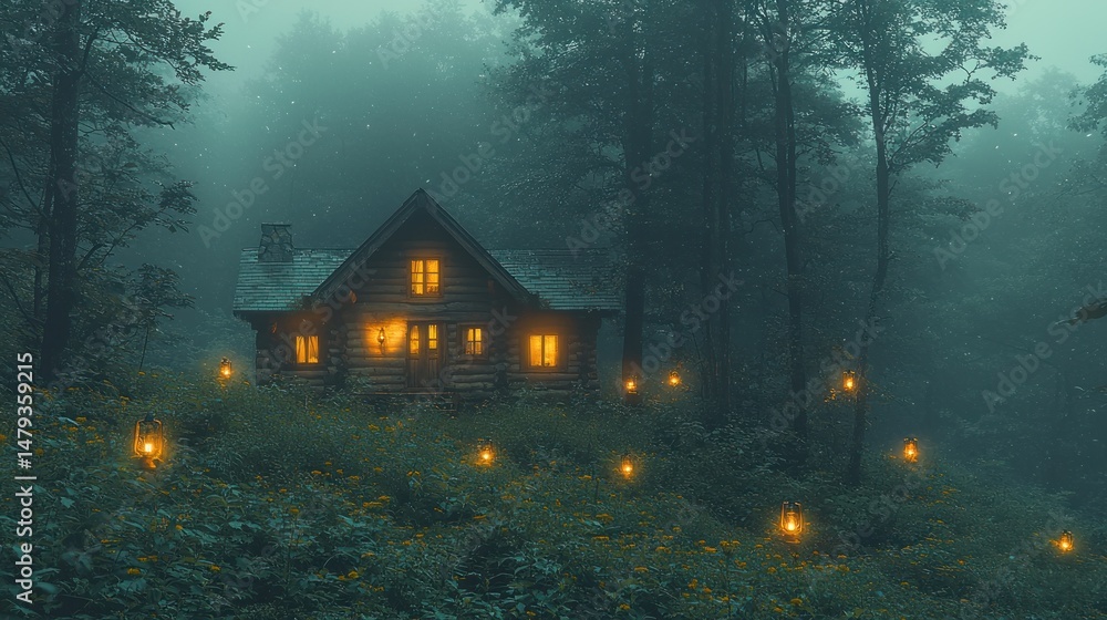 Poster misty log cabin nestled in a forest, lit by lanterns