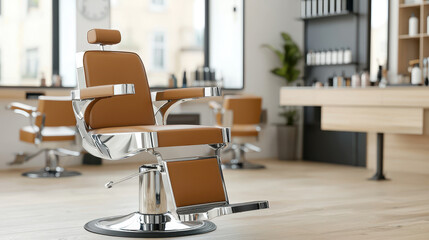 Classic barbershop interior featuring stylish barber chair with sleek design, warm tones, and modern aesthetic. atmosphere is inviting