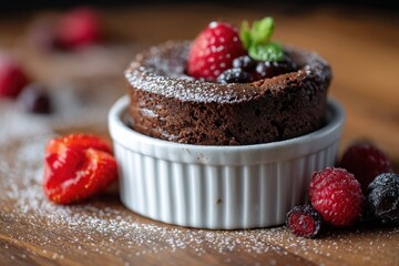 Chocolate souffle with berries and a mint leaf garnish.