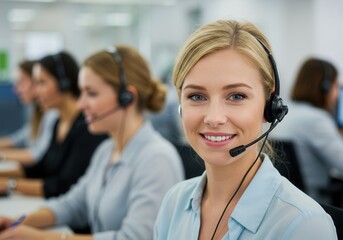 A smiling woman with a headset works in a call center with other employees in the background