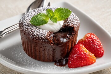 Decadent chocolate lava cake with strawberries.
