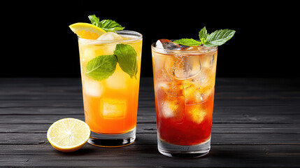 Fototapeta premium Refreshing cocktails with mint and lemon, served in tall glasses, create vibrant and inviting atmosphere